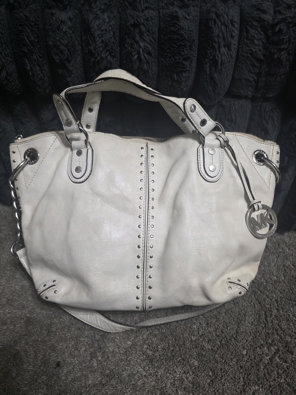 Michael Kors Astor Large Studded Leather Shoulder Bag in White